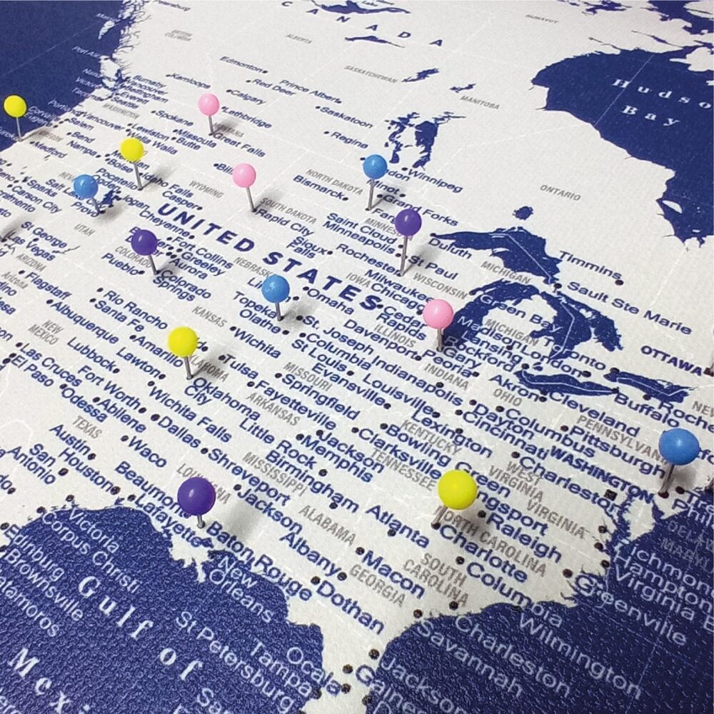 navy blue push pin world map - usa details