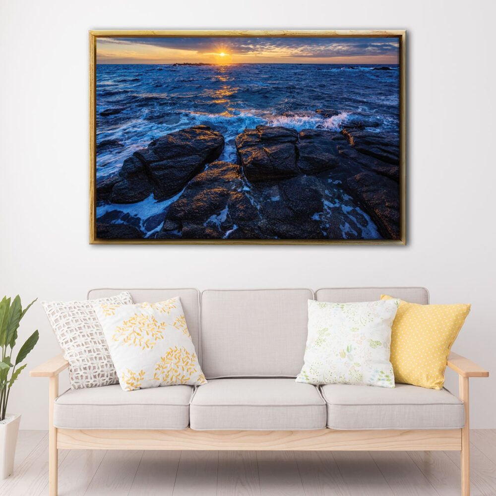 rocky beach sunrise floating frame canvas