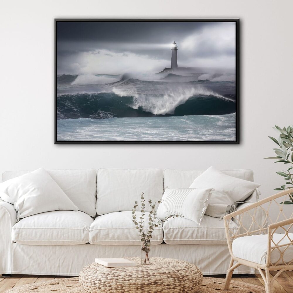 stormy lighthouse floating frame canvas