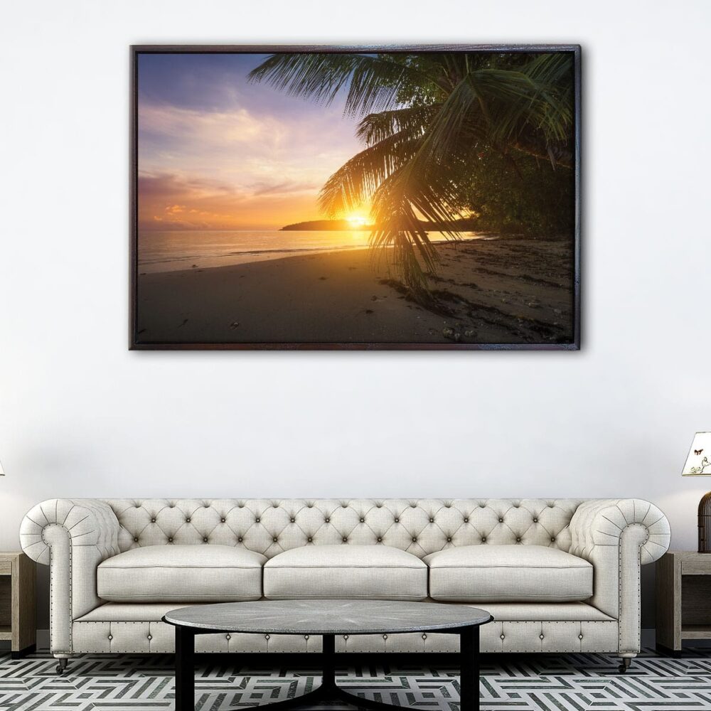 sunset behind palm floating frame canvas