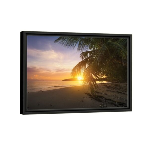 sunset behind palm framed canvas black frame