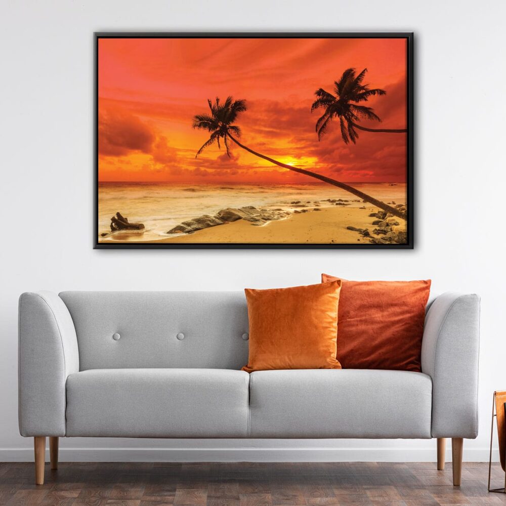 warm beach sunset floating frame canvas