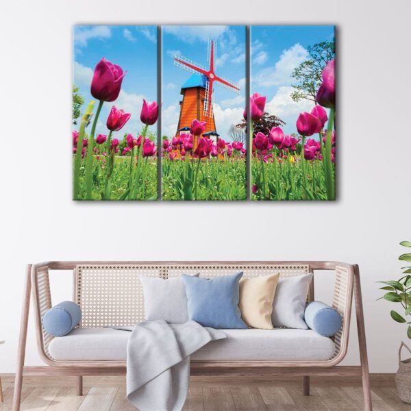 3 panels pink tulips field canvas art