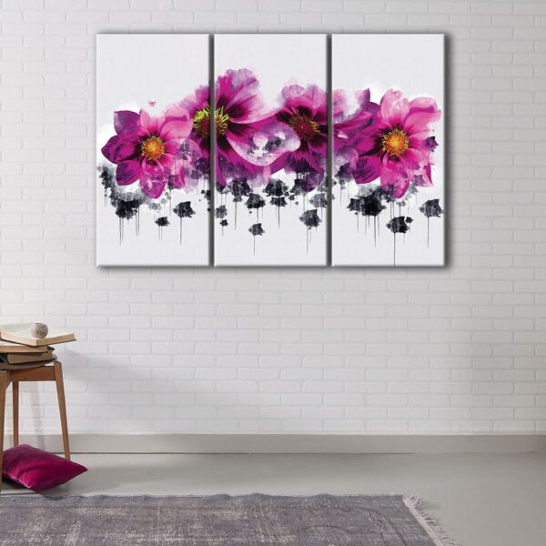 3 panels pink watercolor flowers canvas art