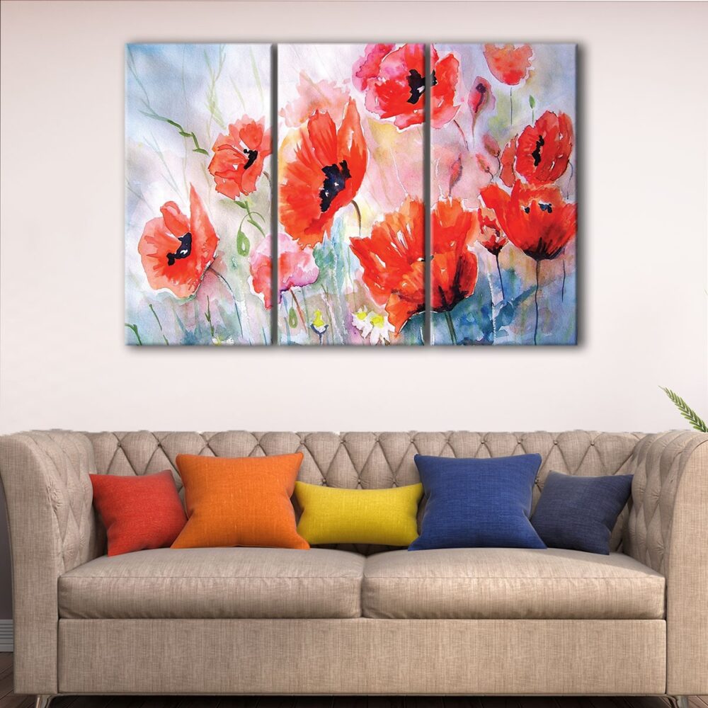 3 panels watercolor red flowers canvas art