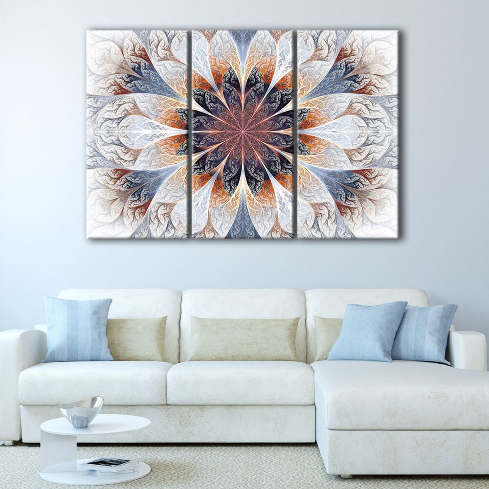 3 panels white flower fractal canvas art