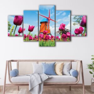 5 panels pink tulips field canvas art