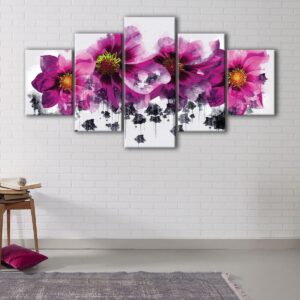 5 panels pink watercolor flowers canvas art