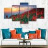 5 panels red flowers field canvas art