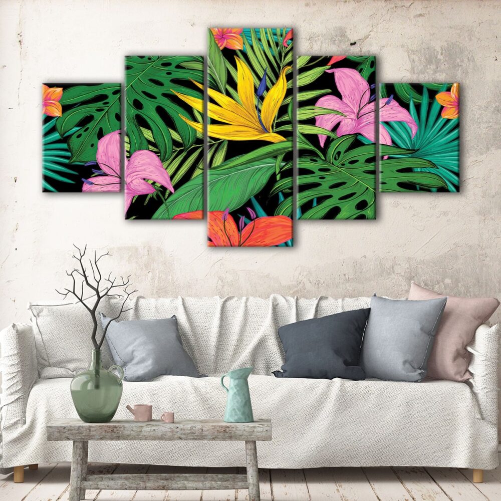 5 panels tropical leaves canvas art