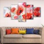 5 panels watercolor red flowers canvas art