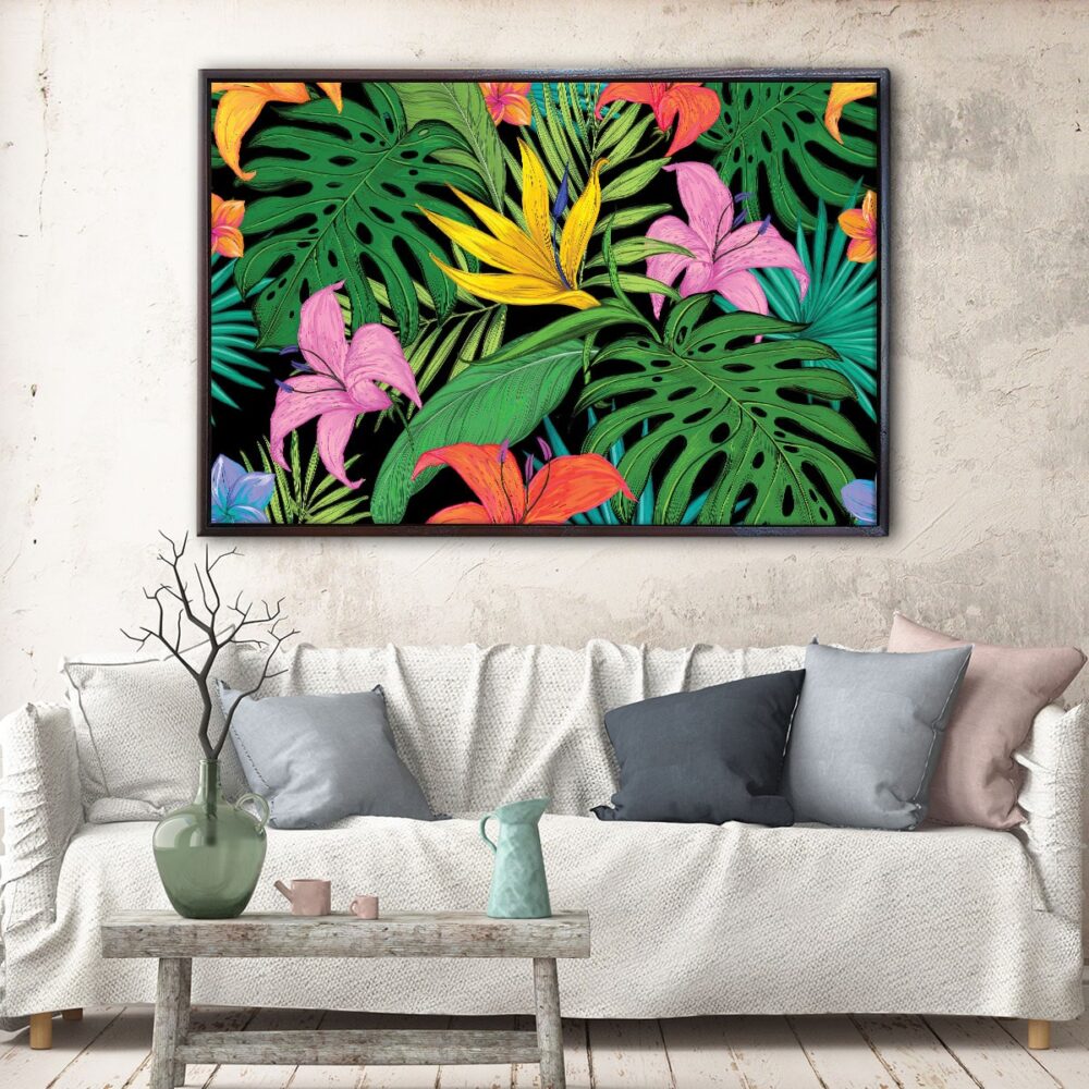 tropical leaves floating frame canvas