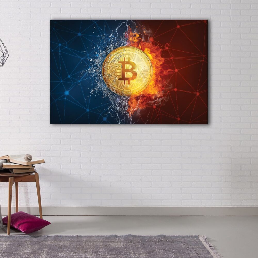 1 panels fire water bitcoin canvas art