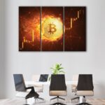 3 panels bitcoin in fire canvas art