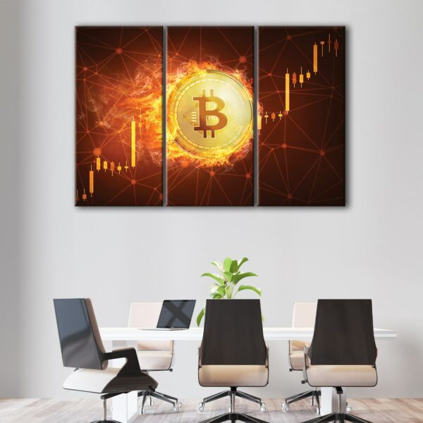 3 panels bitcoin in fire canvas art