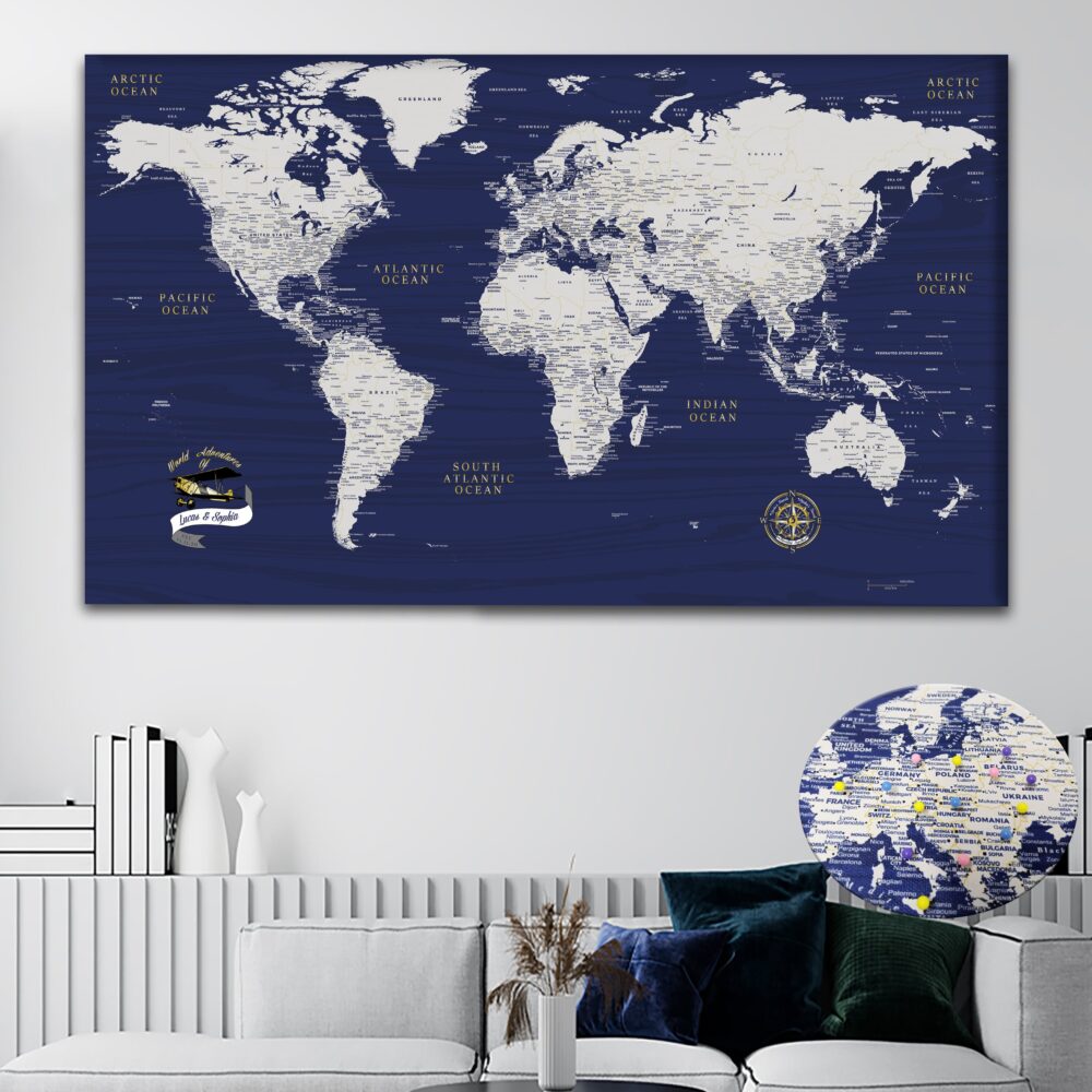 Bleu and Gold push pin world map