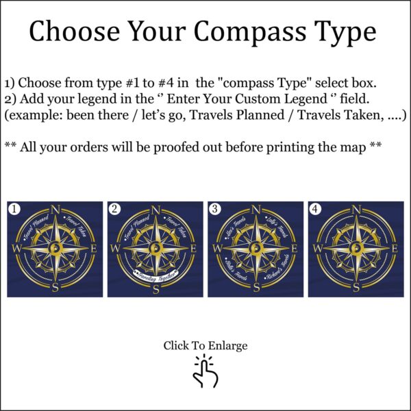 Blue Gold push pin world map compass customization