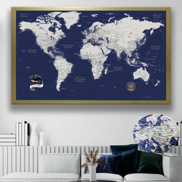 Bleu and Gold push pin world map framed