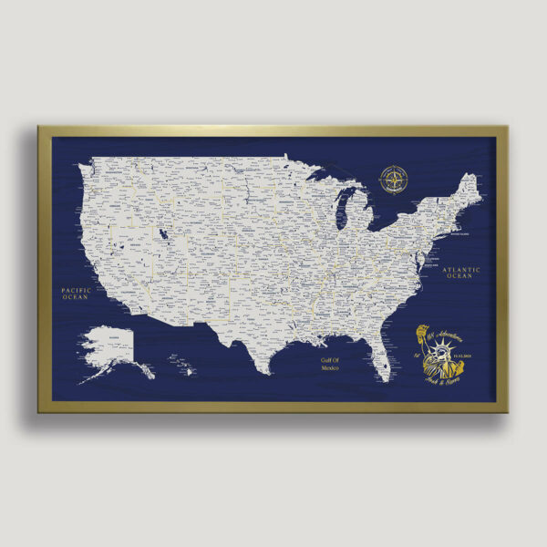 Blue Gold push pin usa map - Gold frame