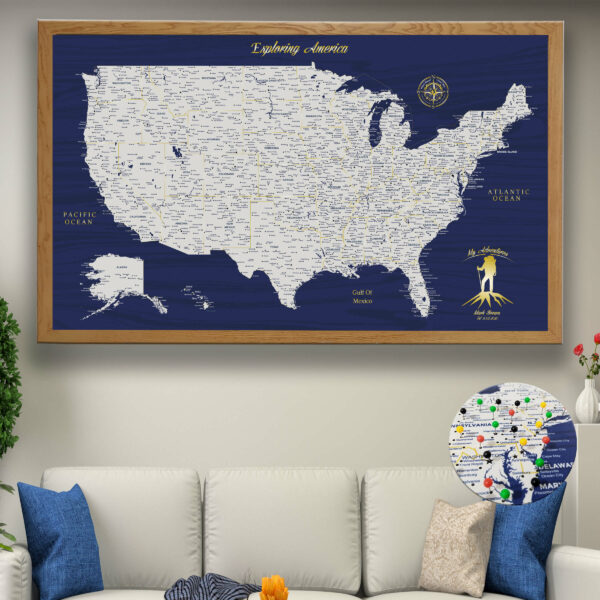 Blue Gold push pin usa map framed