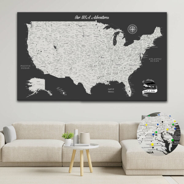 Dark Grey push pin usa map