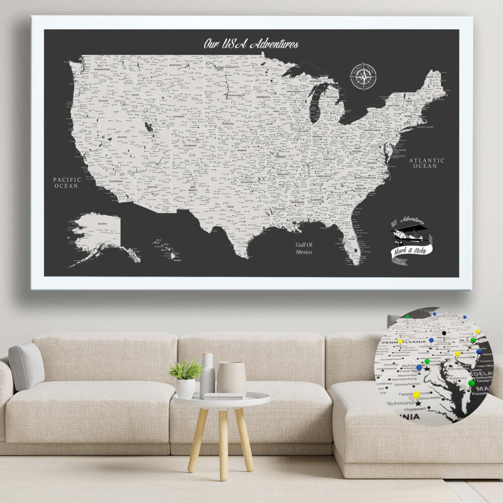 Dark Grey push pin usa map framed