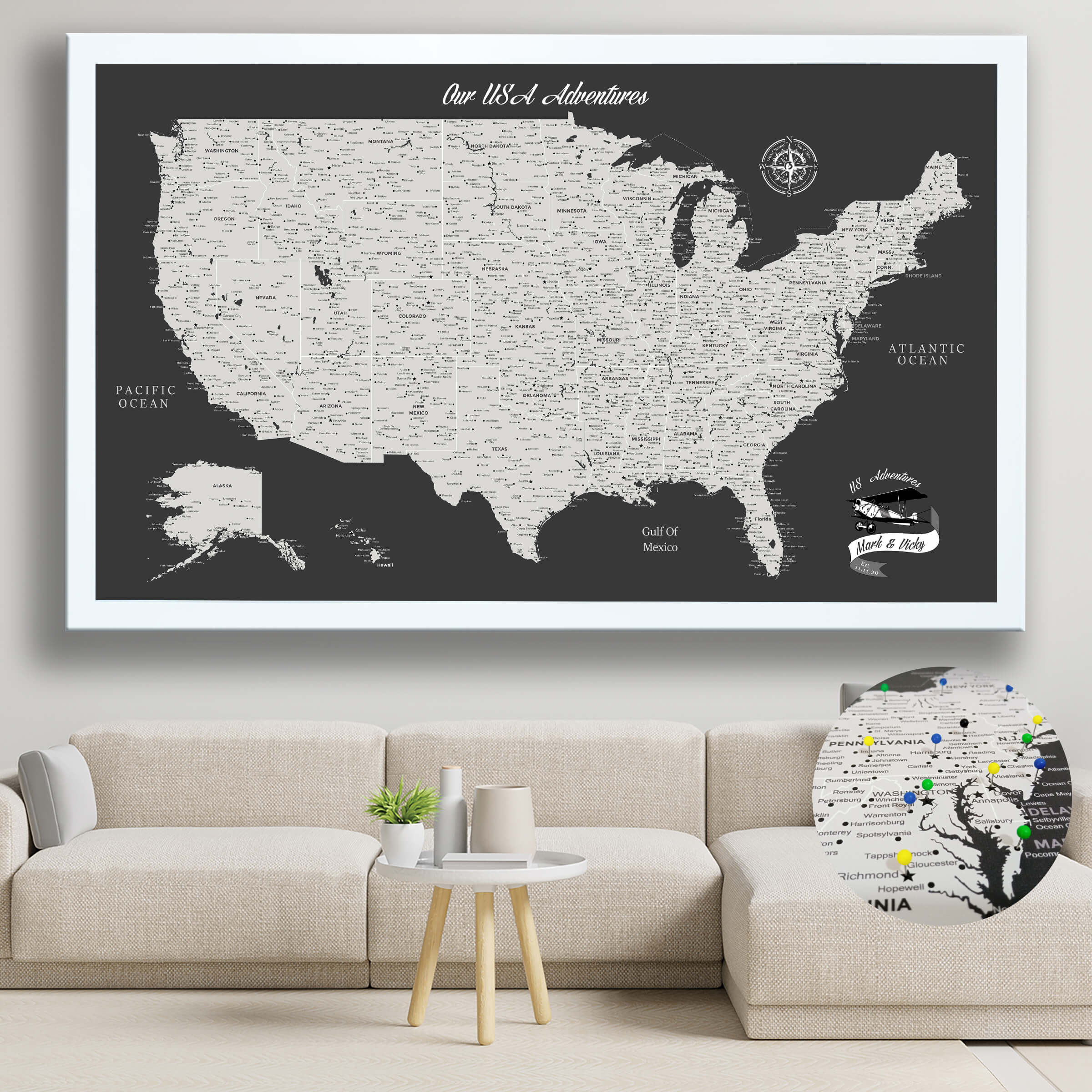 Dark Grey Push Pin USA Map | Custom Political US Map | Canvas Art Bay