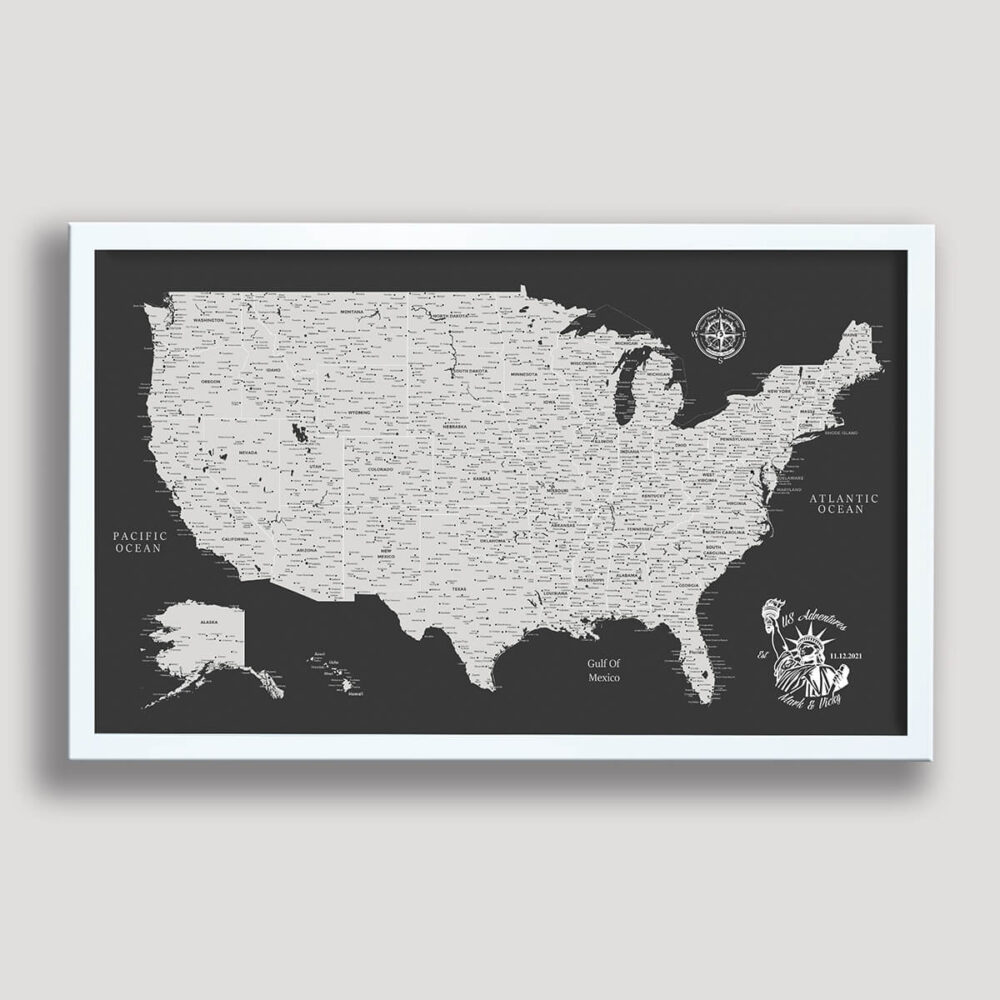 Dark Grey push pin usa map - white frame