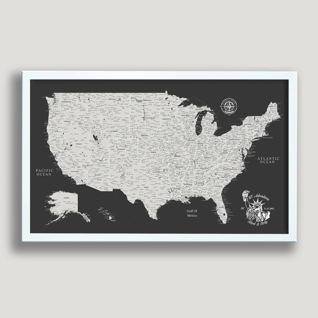 Dark Grey Push Pin USA Map | Custom Political US Map | Canvas Art Bay