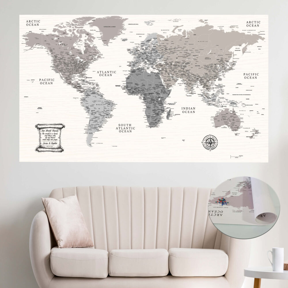 Farmhouse push pin world map rolled