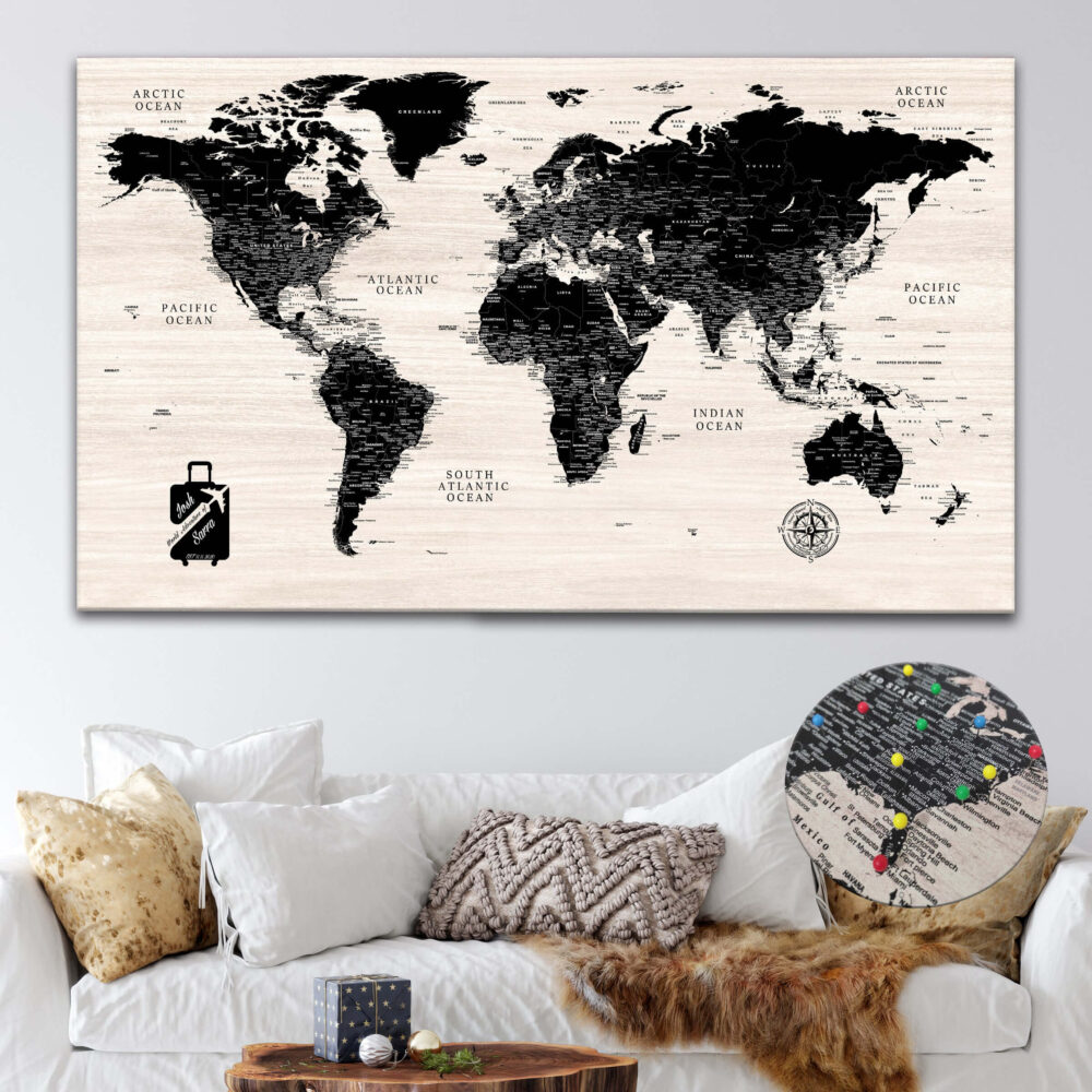 Modern Wood push pin world map