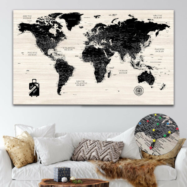 Modern Wood push pin world map