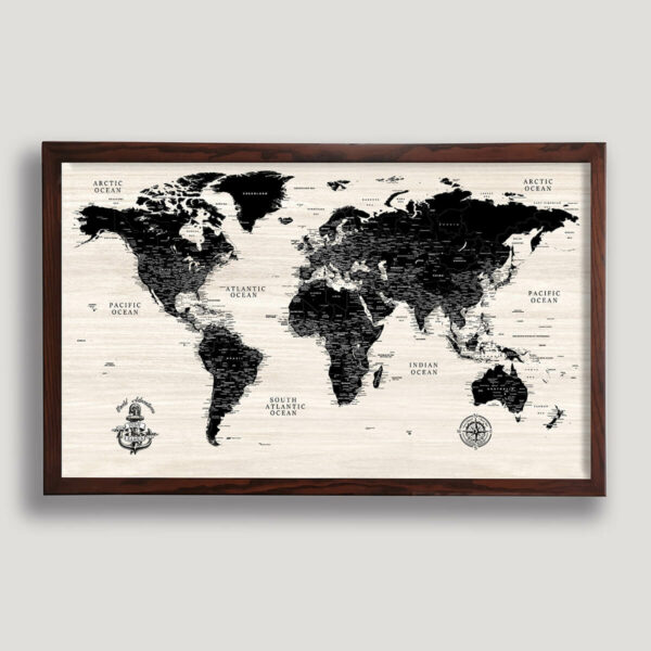 Modern Wood push pin world map - brown frame