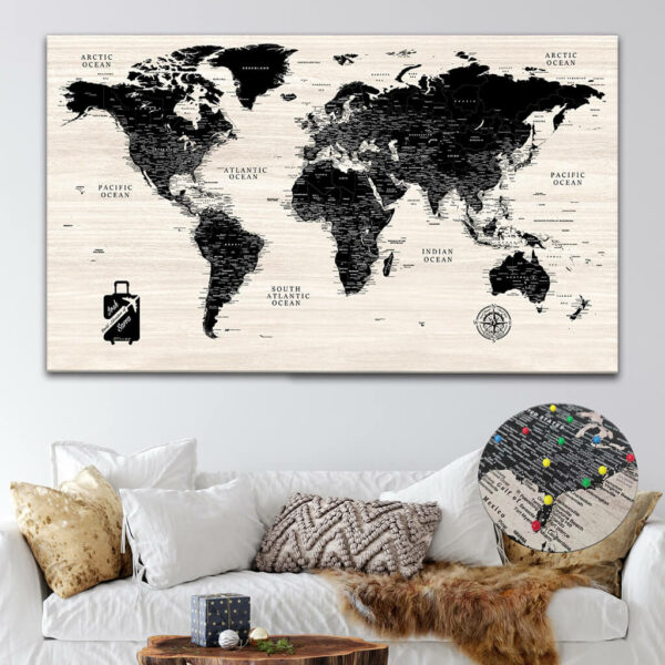 Modern Wood push pin world map featured