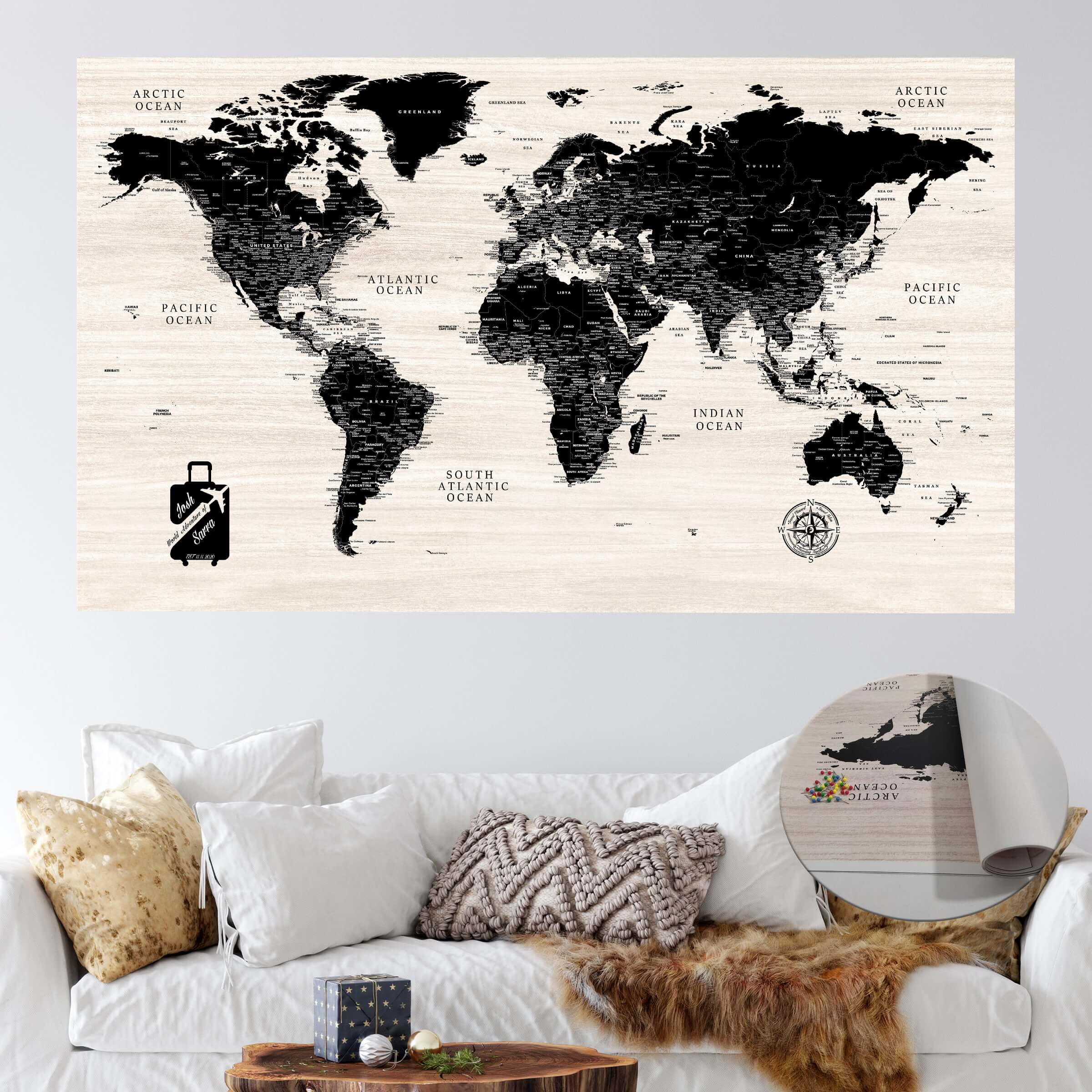 Modern Wood Push Pin World Map, Custom Travel Gift