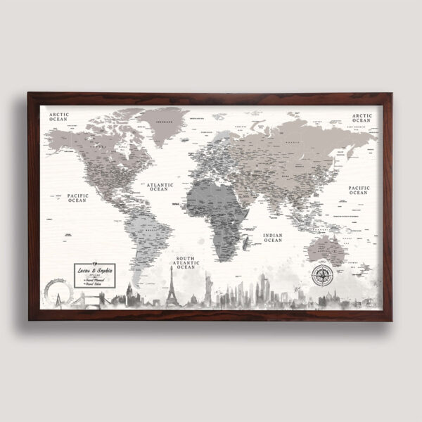 Monuments push pin world map - Brown frame