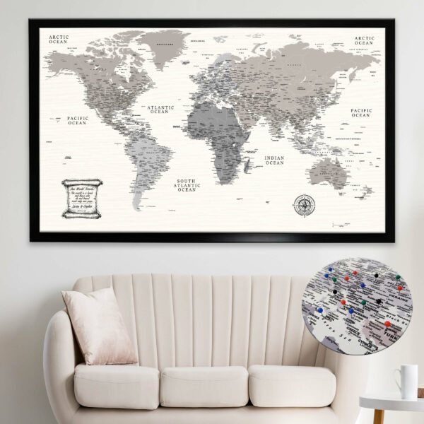 Monuments push pin world map framed