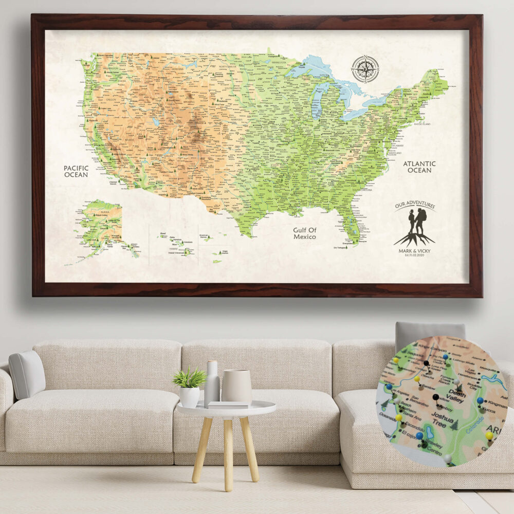 National parks push pin usa map framed