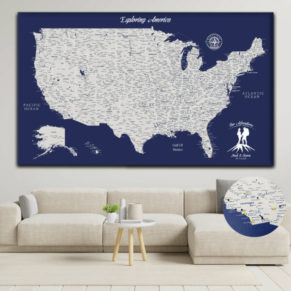 Navy Blue push pin usa map