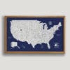 Navy Blue push pin usa map - beige frame