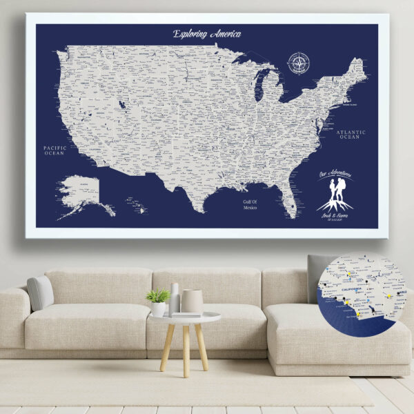 Navy Blue push pin usa map framed