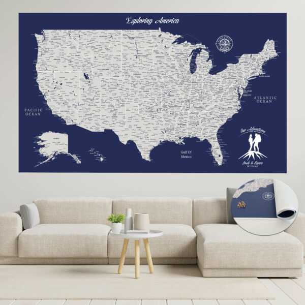 Navy Blue push pin usa map rolled