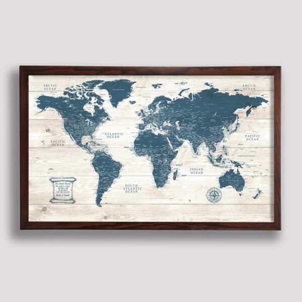 Rustic push pin world map - brown frame