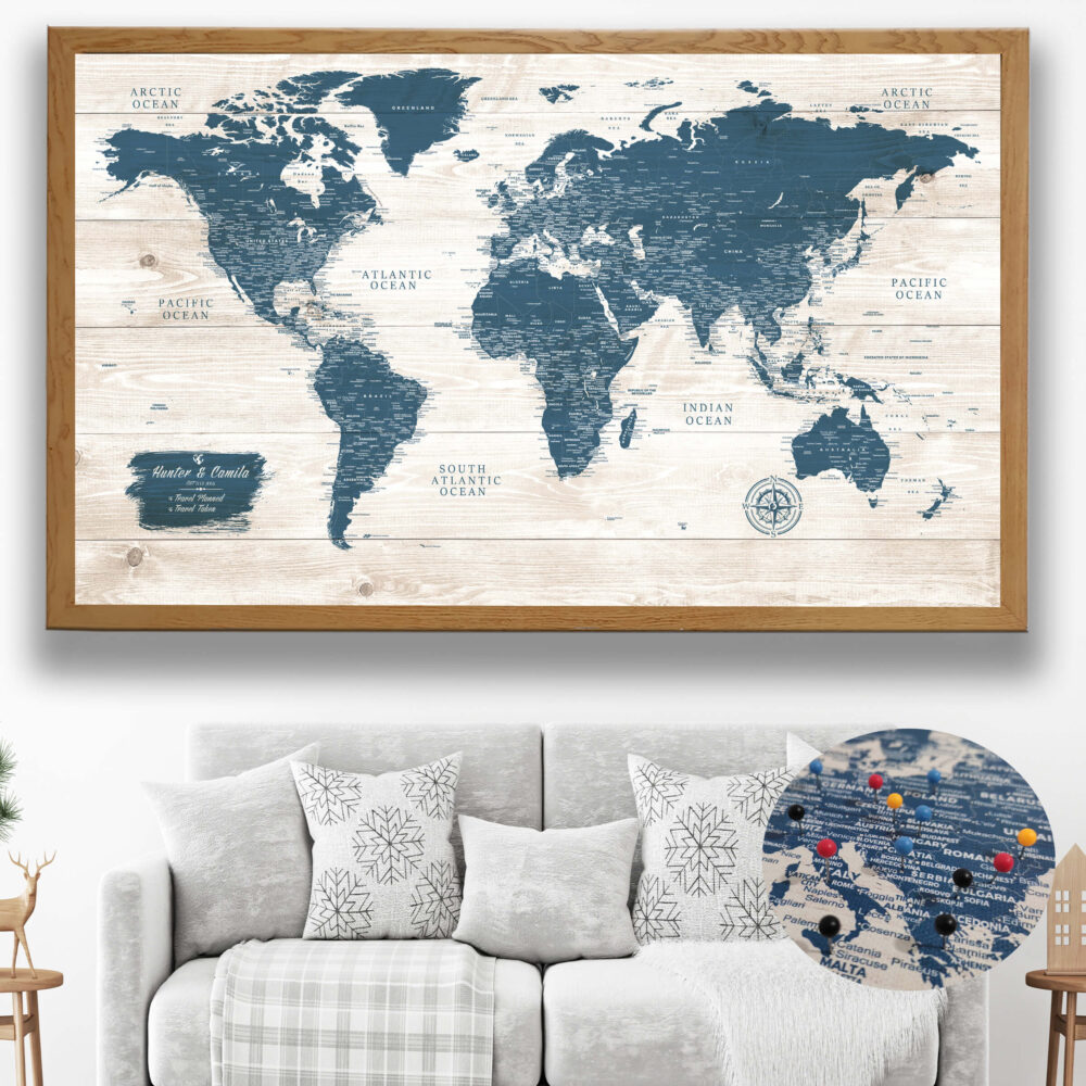 Rustic push pin world map framed