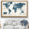 Rustic push pin world map framed