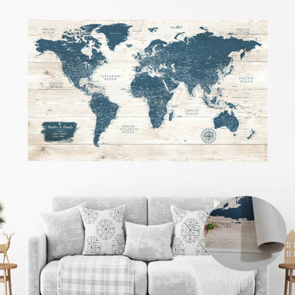 Rustic push pin world map rolled