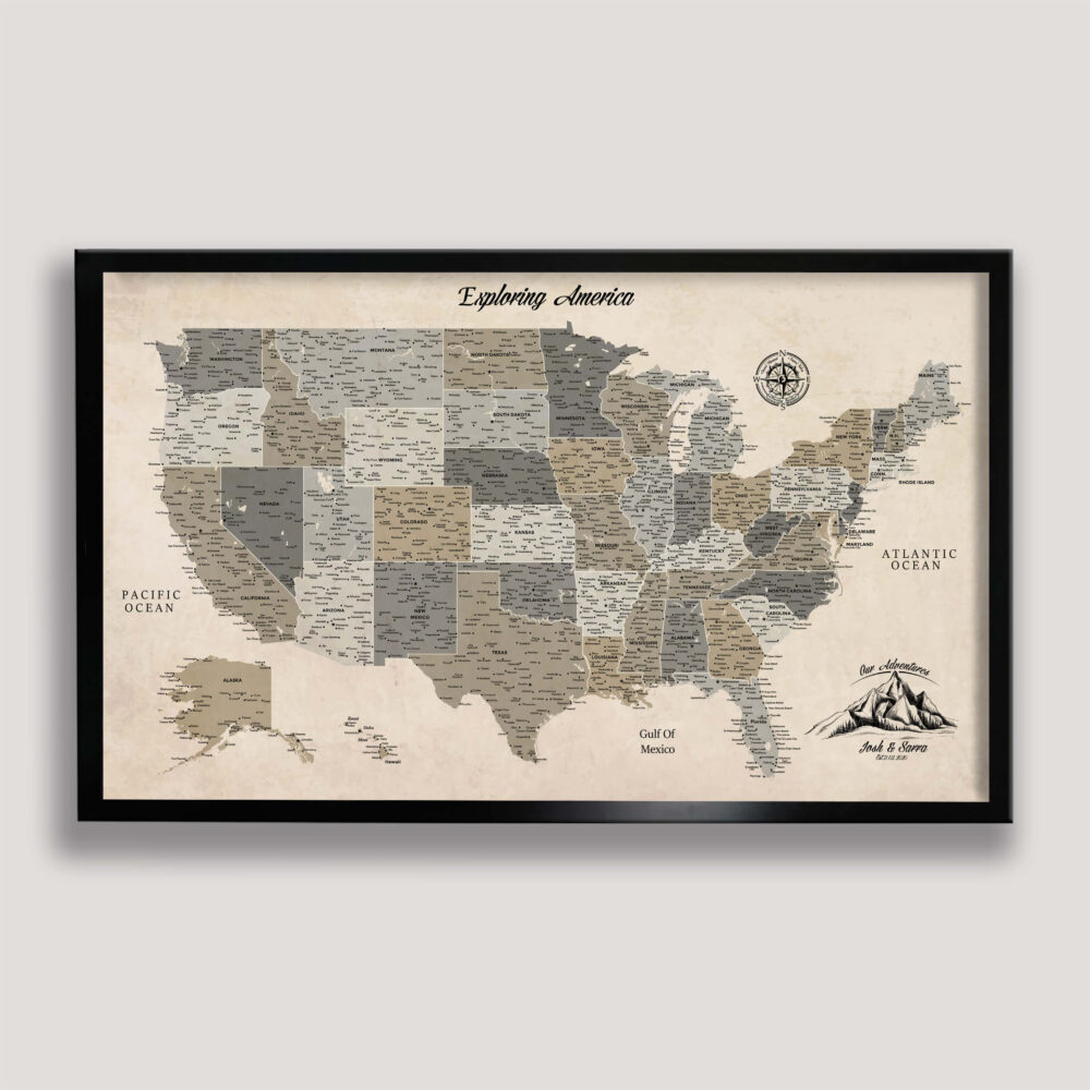 Vintage brown push pin usa map - Black frame