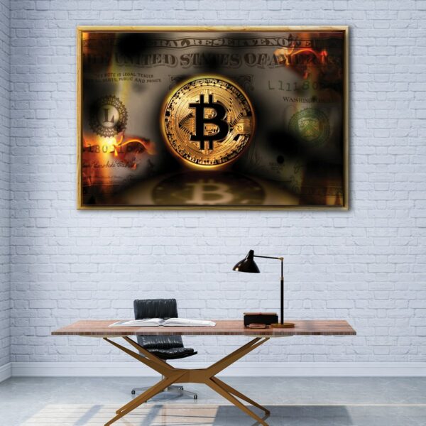 bitcoin burning dollar floating frame canvas