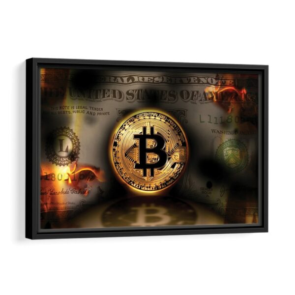 bitcoin burning dollar sunset framed canvas black frame