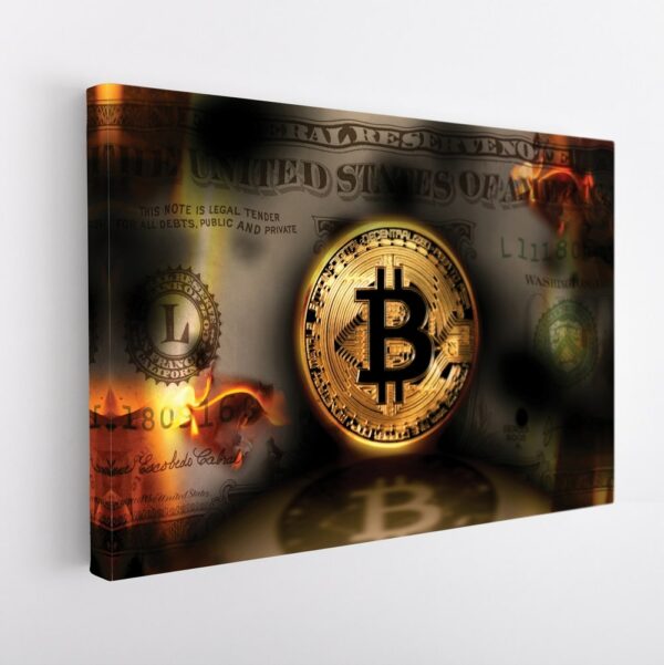 bitcoin burning dollar sunset stretched canvas